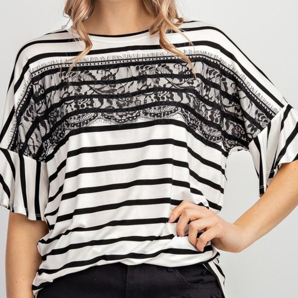 1.4.3. Story by Line Up Tops - Lace Front Striped Top NWT